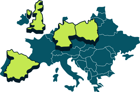 Map of Europe with several countries highlighted