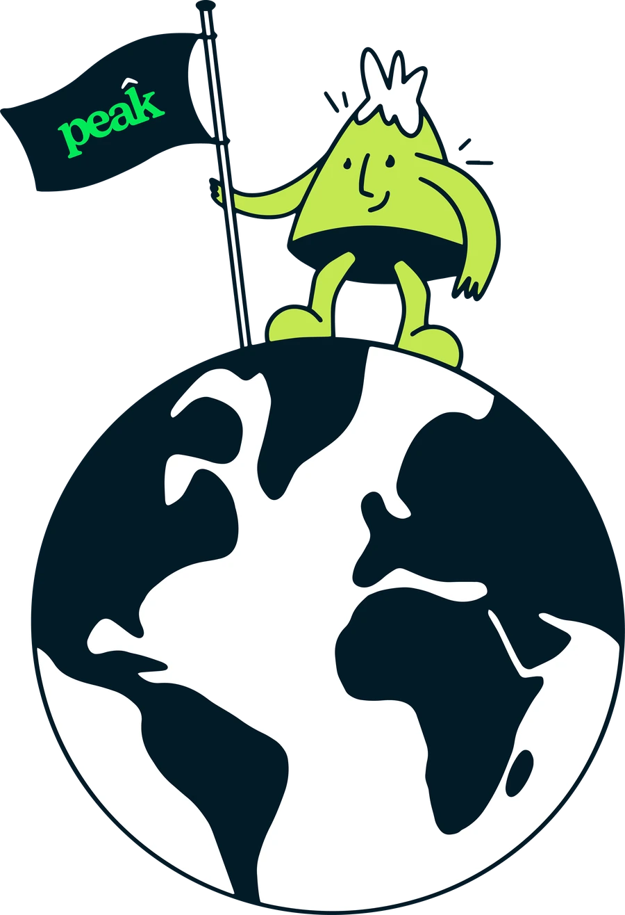 Kit, Peak's mascot, standing on top of the globe holding a Peak flag